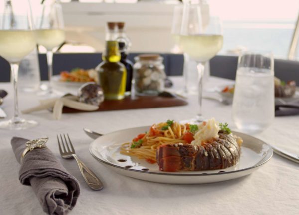 dining luxury yacht oyster 825 champagne hippy balearics