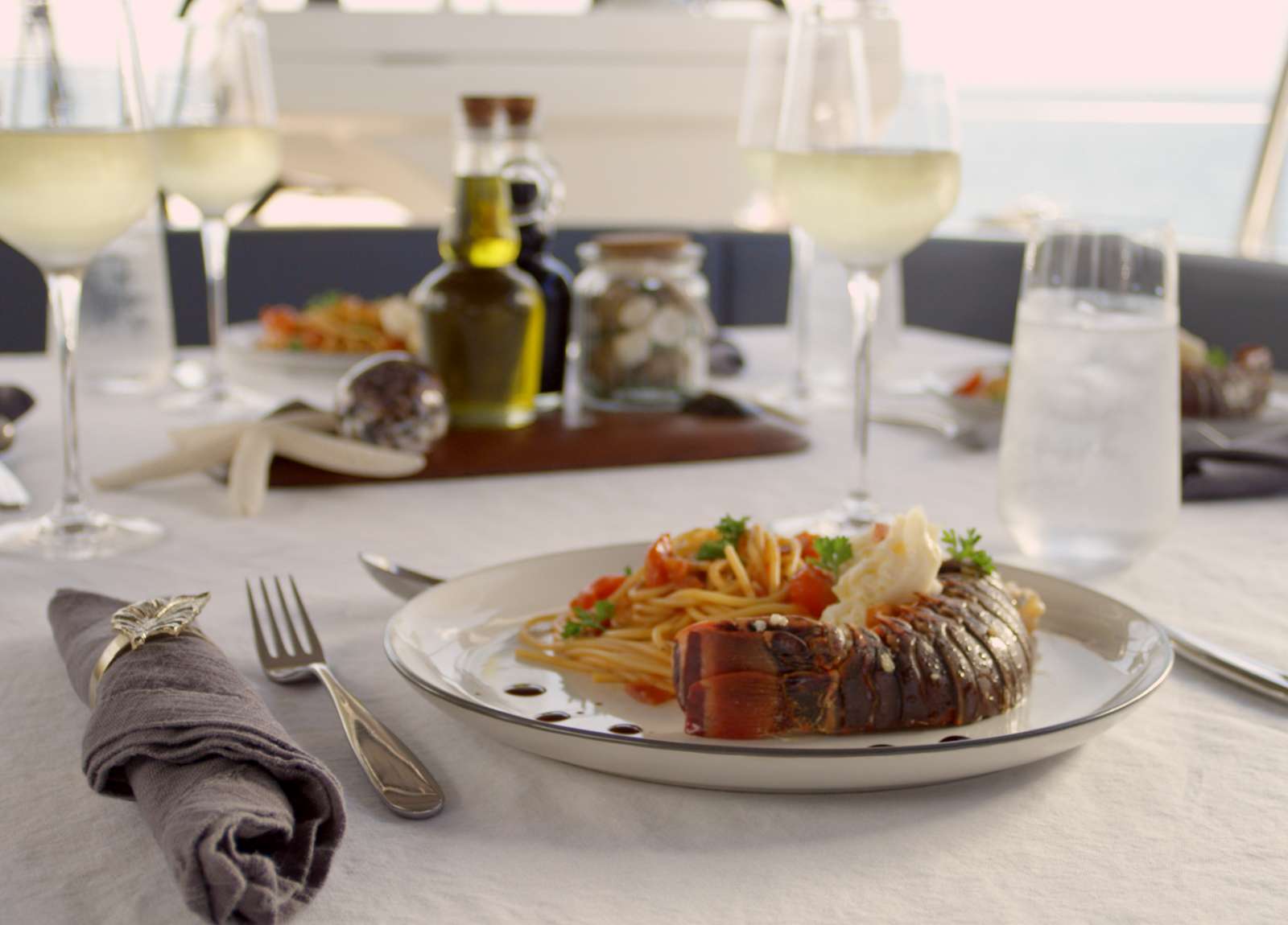 dining luxury yacht oyster 825 champagne hippy balearics